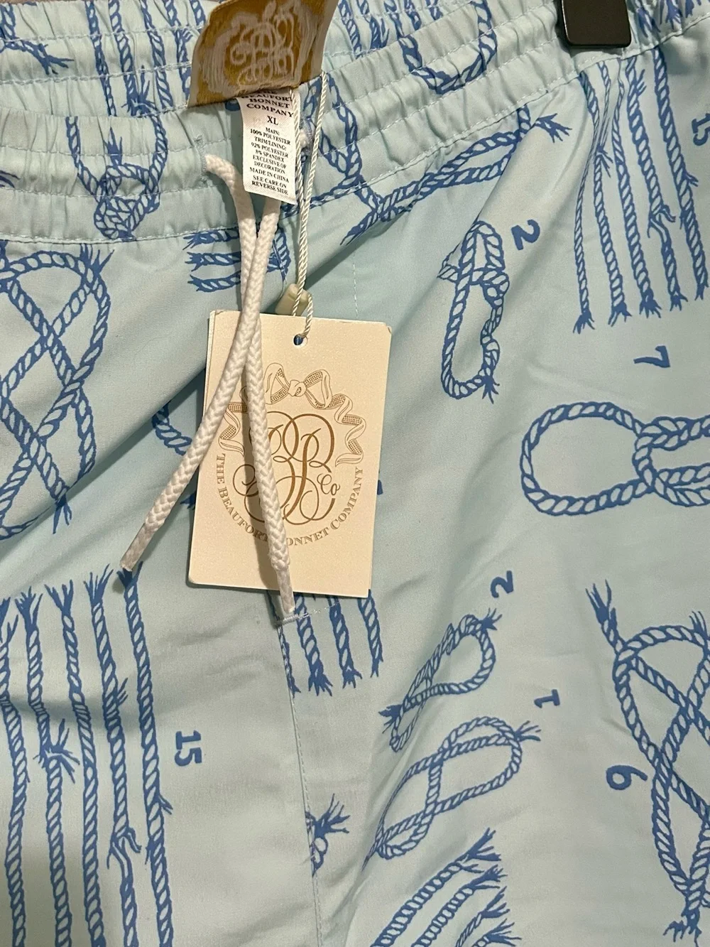 The Beaufort Bonnet Company Light Blue Swim Trunks with Navy Rope Knot Print